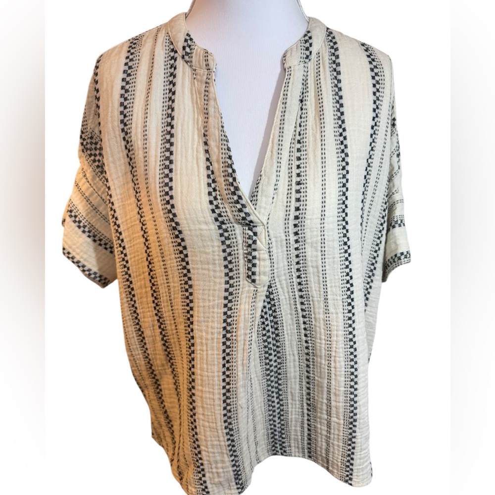 Madewell Textured Stripe Split Neck Top XS Black White Cotton